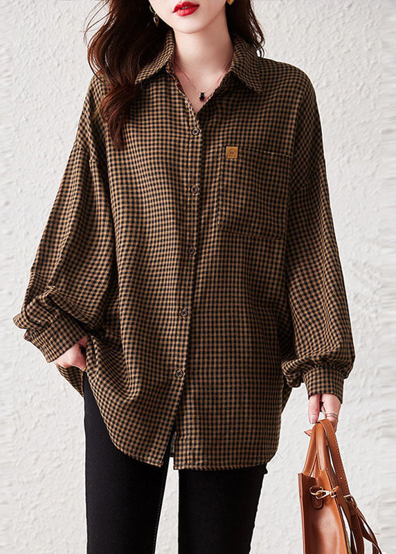 Oversized Plaid Peter Pan Collar Pockets Patchwork Cotton Shirts Long Sleeve