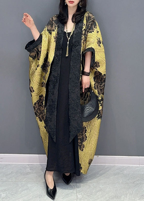 Oversized Yellow Floral Print Patchwork Cotton Cardigan Batwing Sleeve