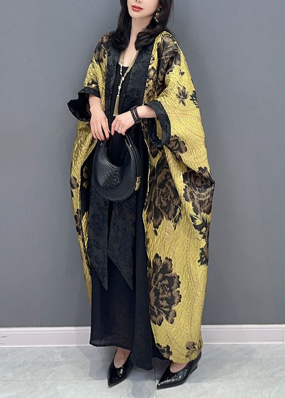 Oversized Yellow Floral Print Patchwork Cotton Cardigan Batwing Sleeve