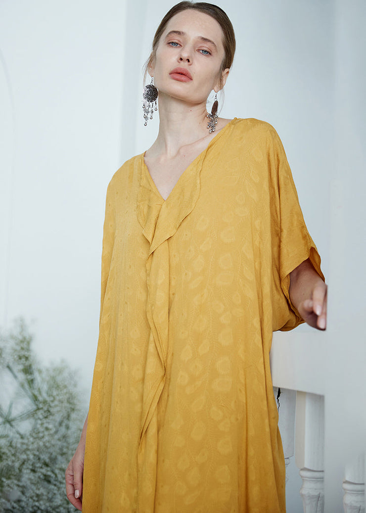 Oversized Yellow V Neck Jacquard Patchwork Cotton Robe Dresses Summer