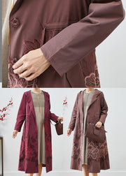 Pale Mauve Spandex Trench Coat Embroidered Tie Waist Fall