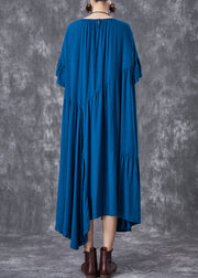 Peacock Blue Patchwork Cotton Dress Oversized Wrinkled Butterfly Sleeve