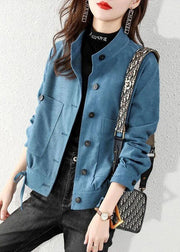 Peacock Blue Pockets Patchwork Cotton Coats Stand Collar Fall