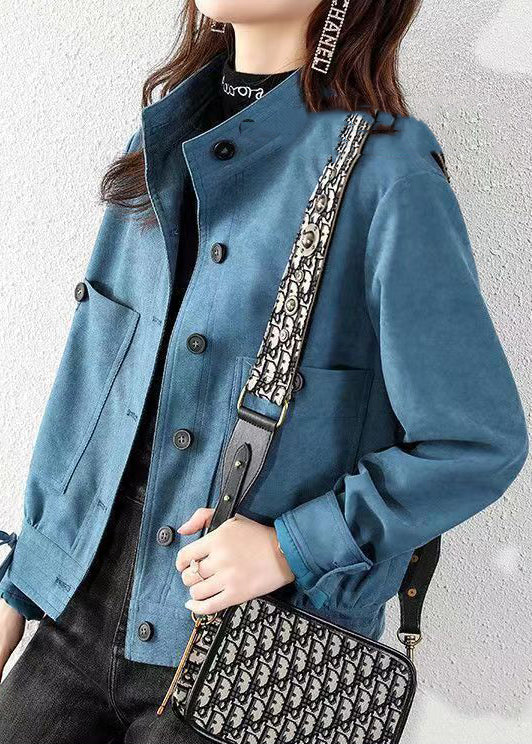 Peacock Blue Pockets Patchwork Cotton Coats Stand Collar Fall