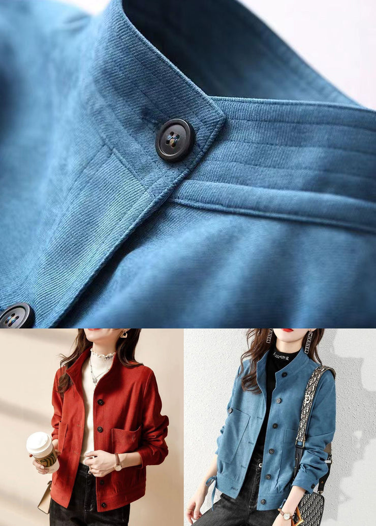 Peacock Blue Pockets Patchwork Cotton Coats Stand Collar Fall