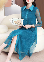 Peacock Blue Slim Fit Shirt Dress Turn-down Collar Button Summer