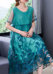 Peacock Blue Tulle Long Dresses Embroideried Summer