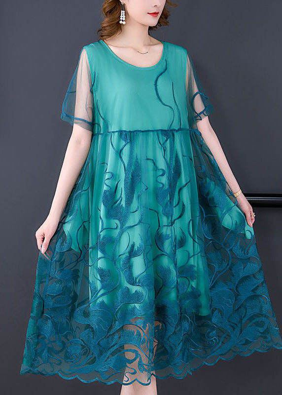 Peacock Blue Tulle Long Dresses Embroideried Summer