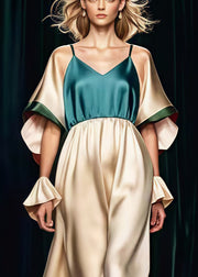 Peacock Green Patchwork Silk Dresses V Neck Summer