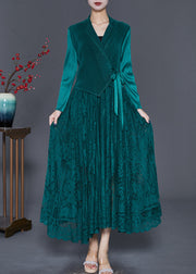 Peacock Green Patchwork Silk Velour Cinched Dress Exra Large Hem Fall