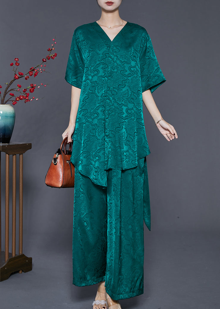 Peacock Green Print Silk Two Piece Set Outfits Asymmetrical Summer