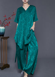 Peacock Green Print Silk Two Piece Set Outfits Asymmetrical Summer