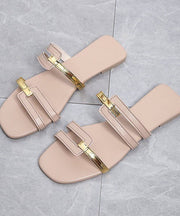 Peep Toe Faux Leather Beige Fashion Splicing Flats Slide Sandals