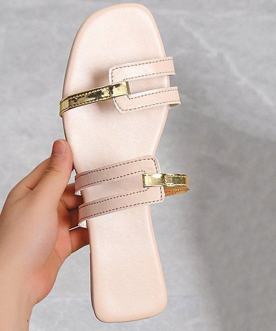 Peep Toe Faux Leather Beige Fashion Splicing Flats Slide Sandals