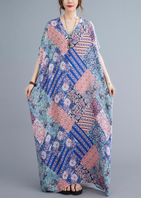 Pink Blue Patchwork Vacation Cotton Maxi Dresses Summer