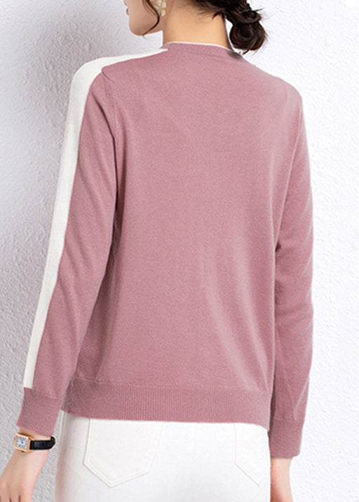 Pink Button Colorblock Wool Knit Cardigans Long Sleeve