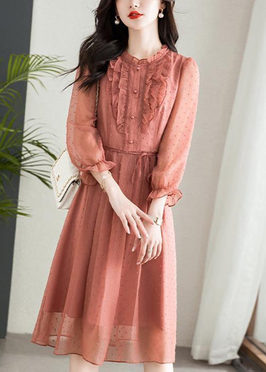 Pink Button Patchwork Chiffon Dresses O Neck Half Sleeve