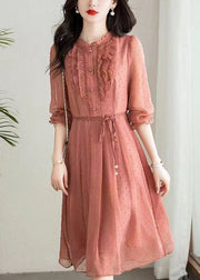 Pink Button Patchwork Chiffon Dresses O Neck Half Sleeve