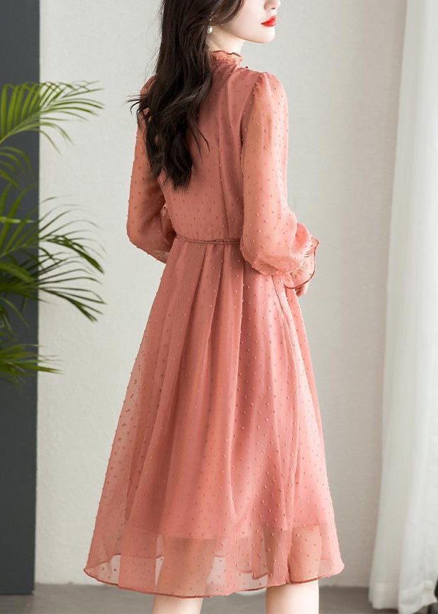 Pink Button Patchwork Chiffon Dresses O Neck Half Sleeve