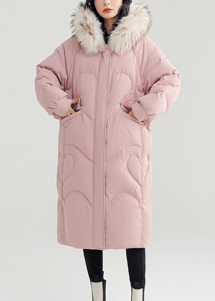 Pink Button Patchwork Duck Down Puffer Coat Zip Up Long Sleeve