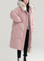 Pink Button Patchwork Duck Down Puffer Coat Zip Up Long Sleeve