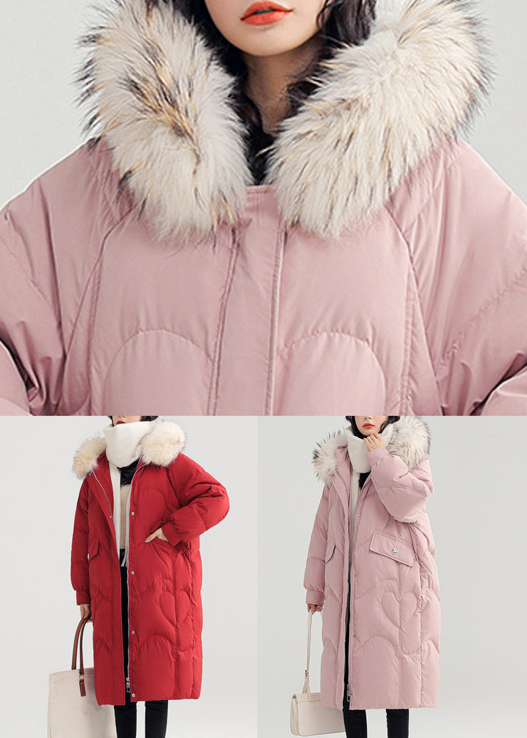 Pink Button Patchwork Duck Down Puffer Coat Zip Up Long Sleeve