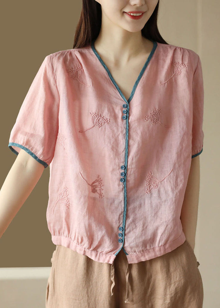 Pink Button Patchwork Linen Shirt Top Embroideried Summer