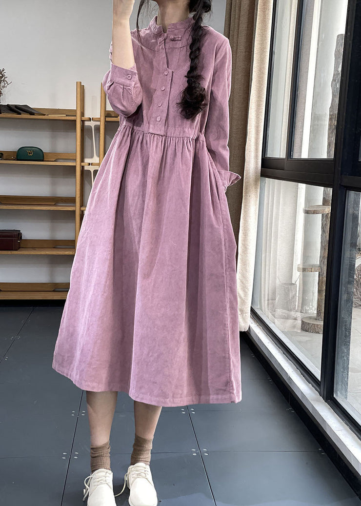 Purple Button Pockets Corduroy Dresses Winter