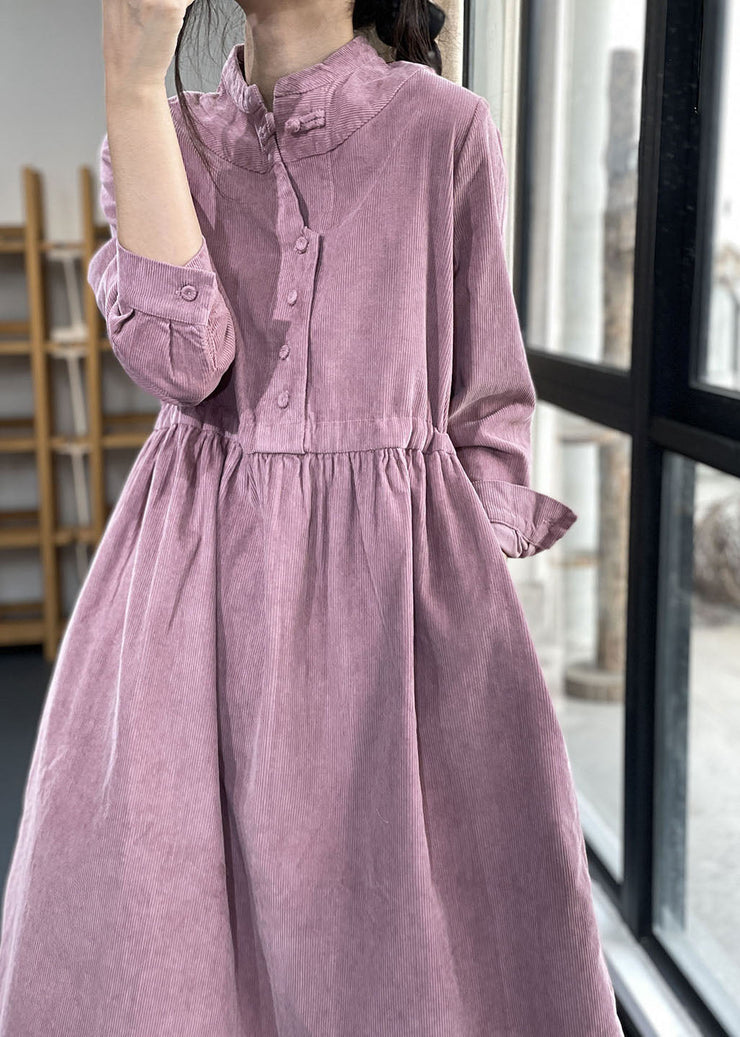 Rose red Button Pockets Corduroy Dresses Winter