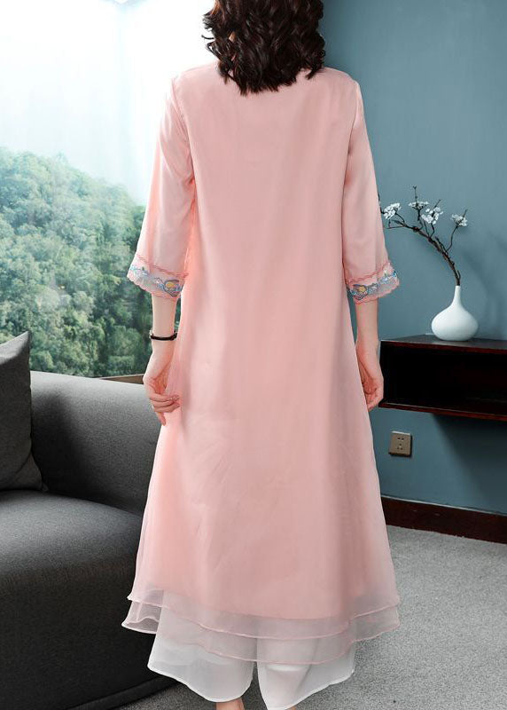 Pink Chiffon Chinese Style Dresses Chinese Button Embroideried Bracelet Sleeve