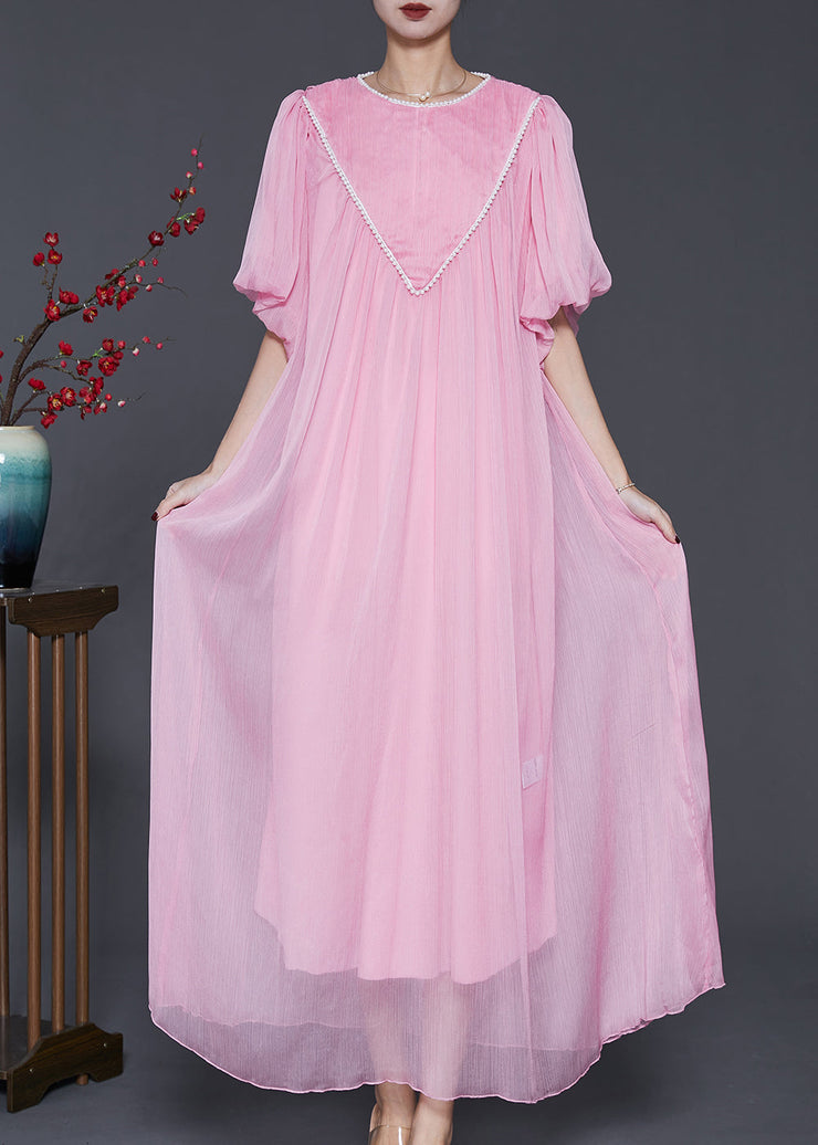 Pink Chiffon Maxi Dress Exra Large Hem Nail Bead Lantern Sleeve