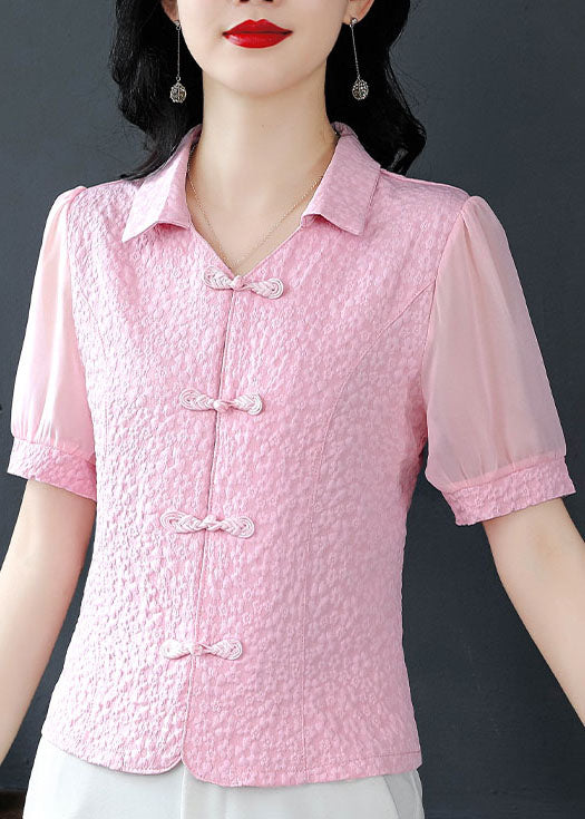 Pink Chiffon Shirts Tops Peter Pan Collar Chinese Button Summer