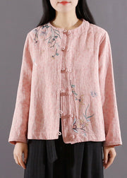 Pink Chinese Button Patchwork Cotton Coat Jacquard Long Sleeve