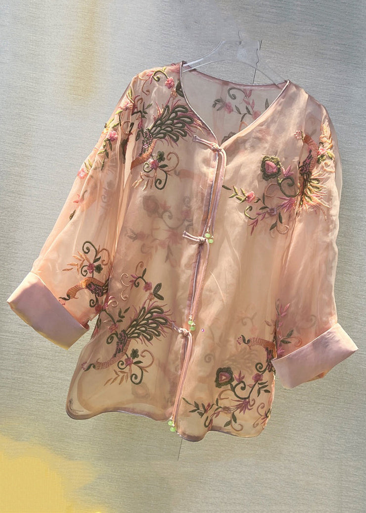 Pink Chinese Button Patchwork Tulle Shirt V Neck Long Sleeve