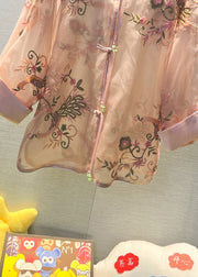 Pink Chinese Button Patchwork Tulle Shirt V Neck Long Sleeve