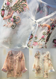 Pink Chinese Button Patchwork Tulle Shirt V Neck Long Sleeve