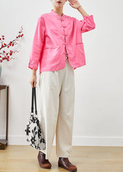 Pink Chinese Style Linen Two Pieces Set Mandarin Collar Fall