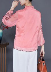 Pink Chinese Style Silk Blouses Embroideried Chinese Button Flare Sleeve