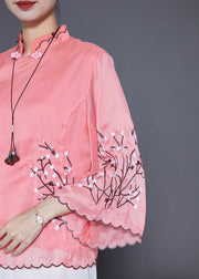 Pink Chinese Style Silk Blouses Embroideried Chinese Button Flare Sleeve