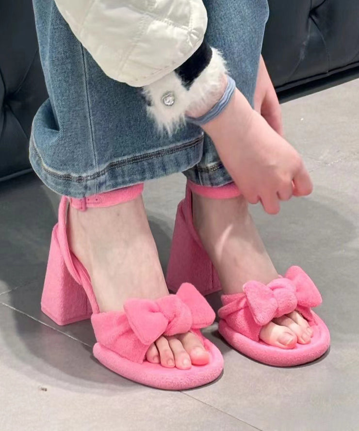 Pink Chunky Heel Chic Bow Buckle Strap Splicing Sandals