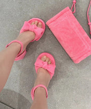 Pink Chunky Heel Chic Bow Buckle Strap Splicing Sandals