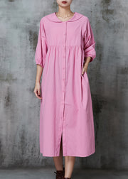 Pink Cotton Long Dresses Oversized Button Down Half Sleeve