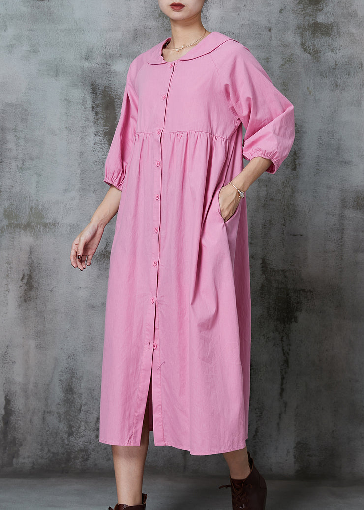 Pink Cotton Long Dresses Oversized Button Down Half Sleeve