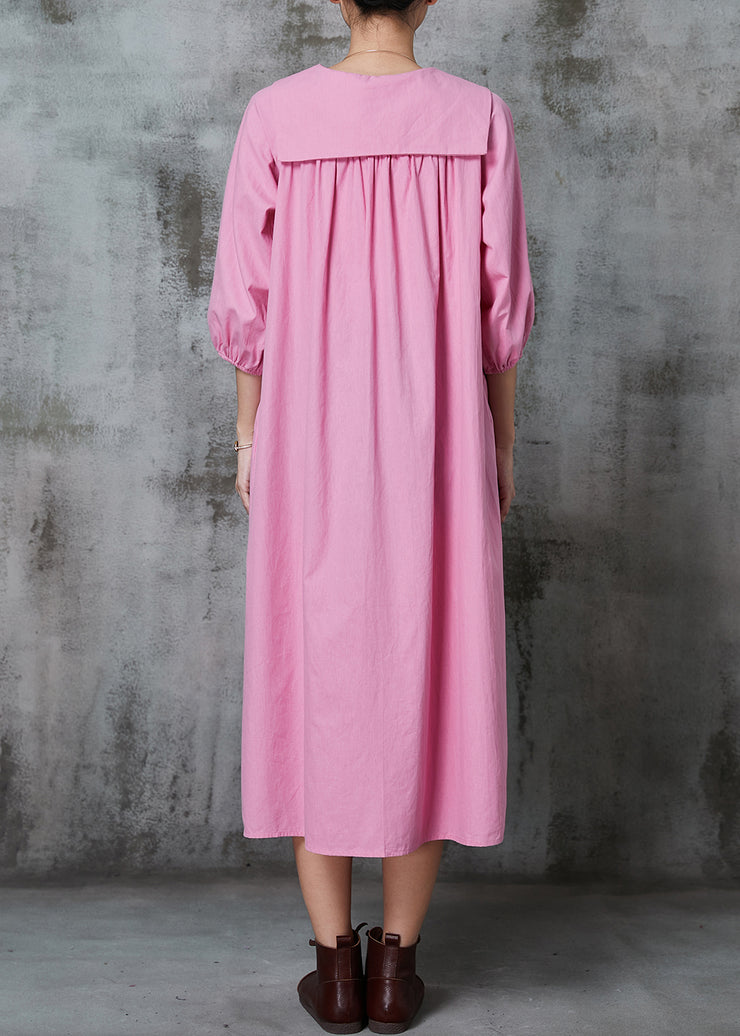 Pink Cotton Long Dresses Oversized Button Down Half Sleeve