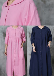 Pink Cotton Long Dresses Oversized Button Down Half Sleeve