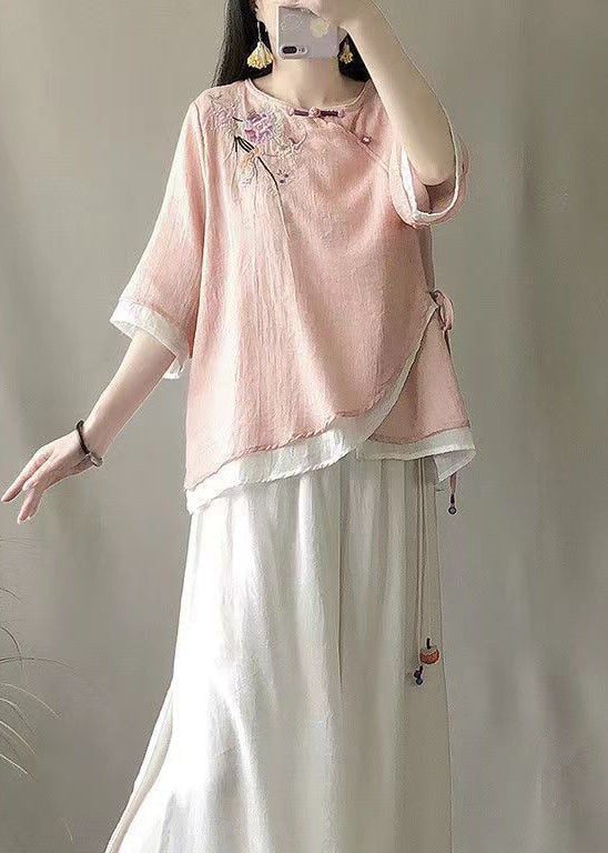 Pink Fake Two Piece Linen Blouses Embroideried Chinese Button Summer