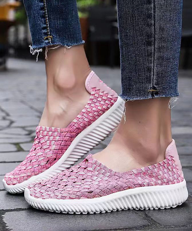 Pink Flat Shoes Knit Fabric Handmade Splicing Women