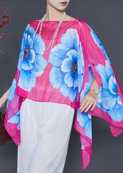 Pink Floral Chiffon Blouse Tops Asymmetrical Design Summer