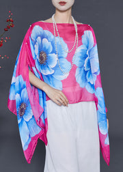 Pink Floral Chiffon Blouse Tops Asymmetrical Design Summer