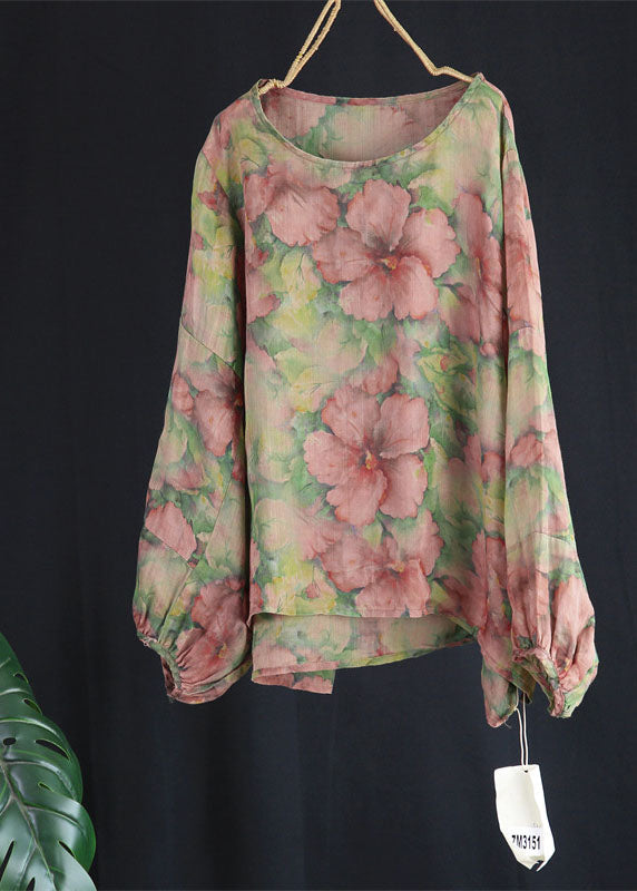 Pink Floral Patchwork Linen Tops O Neck Wrinkled Spring